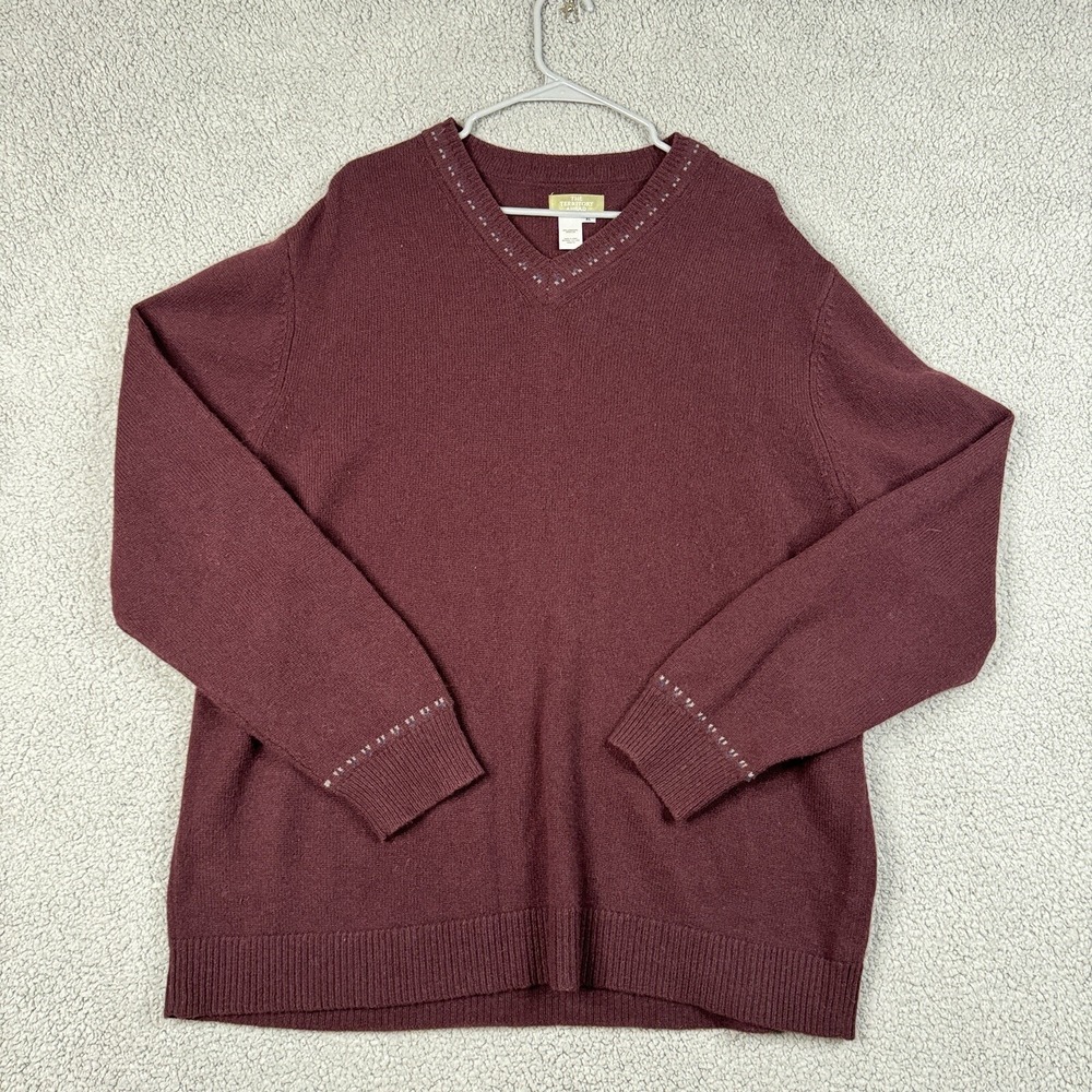 The Territory Ahead Sweater Mens XL Burgundy Cable Knit V-Neck Lambswool